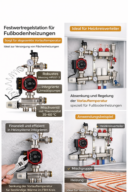 Festwertregelstation für Fußbodenheizung – Mischgruppe mit Umwälzpumpe & Thermostat | Pumpengruppe zur Temperaturregelung für Heizkreisverteiler