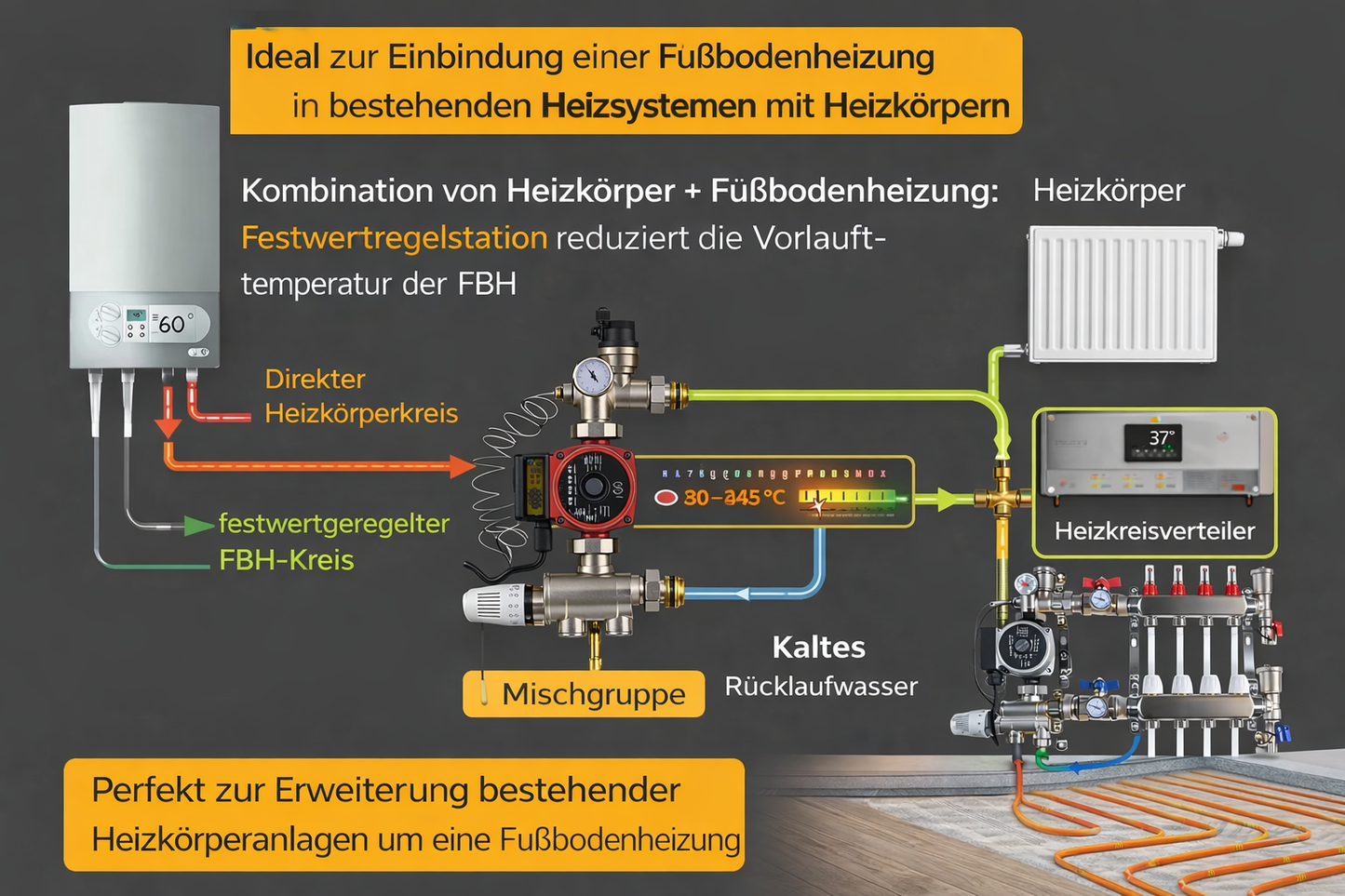 Festwertregelstation für Fußbodenheizung – Mischgruppe mit Umwälzpumpe & Thermostat | Pumpengruppe zur Temperaturregelung für Heizkreisverteiler