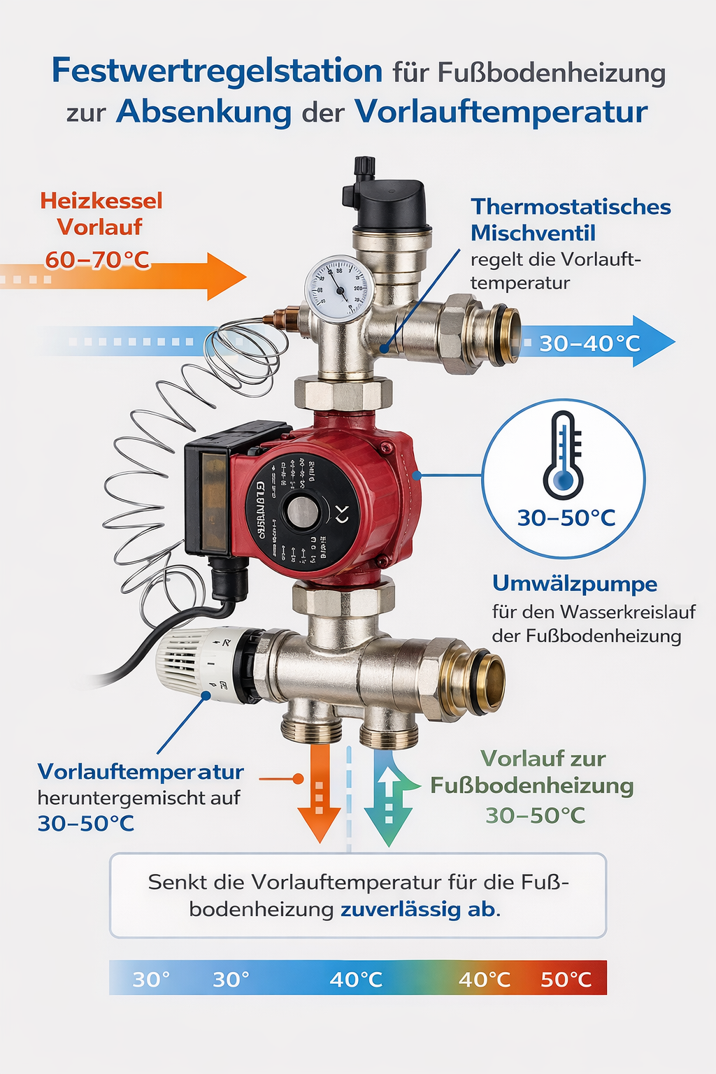 Festwertregelstation für Fußbodenheizung – Mischgruppe mit Umwälzpumpe & Thermostat | Pumpengruppe zur Temperaturregelung für Heizkreisverteiler