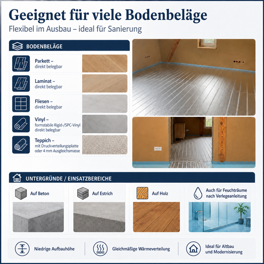 Die Grafik zeigt, für welche Bodenbeläge ein flexibles Trockenbau-Fußbodenheizungssystem geeignet ist. Genannt werden unter anderem Parkett, Laminat, Fliesen, Vinyl und Teppich. Zusätzlich werden mögliche Untergründe wie Beton, Estrich, Asphalt oder Holz dargestellt. Fotos zeigen Beispiele eines verlegten Bodens im Innenraum.