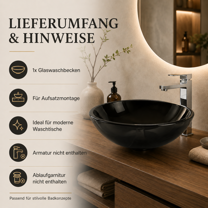 Lieferumfang und Hinweise zum schwarzen runden Glaswaschbecken für Aufsatzmontage