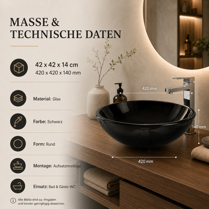 Maße und technische Daten des schwarzen runden Glaswaschbeckens 420 x 420 x 140 mm