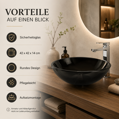 Aufsatzwaschbecken Glas schwarz rund 42 cm – Design Waschschale aus Sicherheitsglas | modernes & elegantes Bad Waschbecken