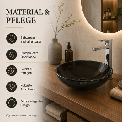 Schwarzes Glaswaschbecken aus Sicherheitsglas mit Hinweisen zu Material und Pflege