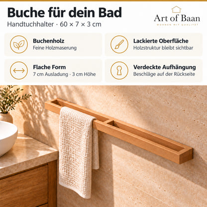Vorteile des Handtuchhalters aus Buchenholz mit feiner Maserung, lackierter Oberfläche und verdeckter Aufhängung, gezeigt mit Handtuch im hellen Bad und Art-of-Baan-Logo.