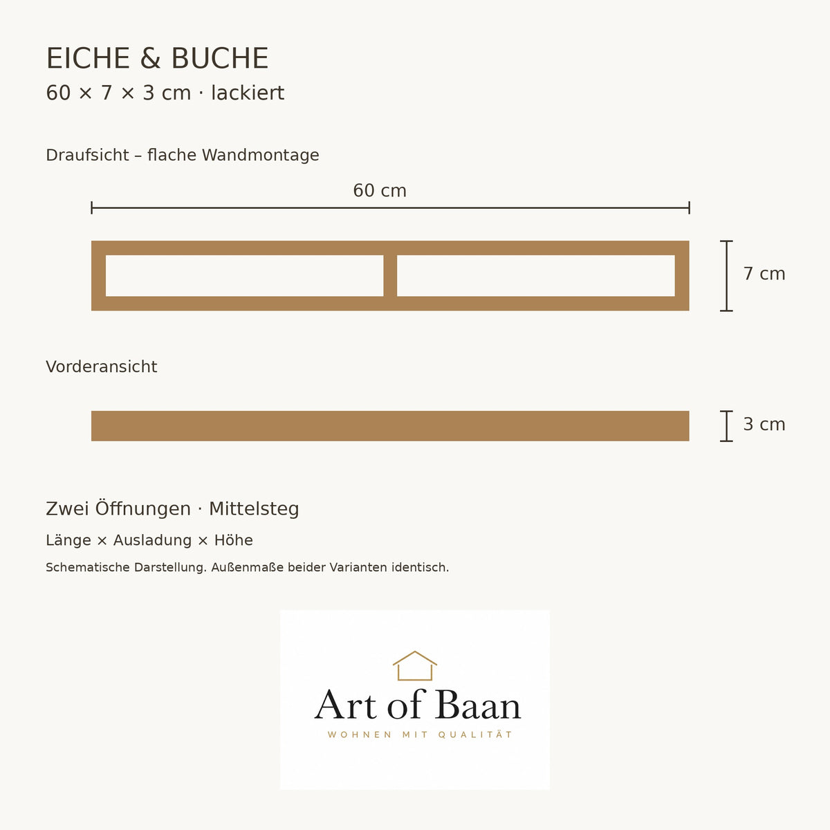 Maßzeichnung für Handtuchhalter aus Eiche und Buche: 60 cm Länge, 7 cm Ausladung und 3 cm Höhe, mit Mittelsteg und Art-of-Baan-Logo.