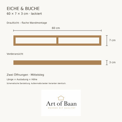 Maßzeichnung für Handtuchhalter aus Eiche und Buche: 60 cm Länge, 7 cm Ausladung und 3 cm Höhe, mit Mittelsteg und Art-of-Baan-Logo.