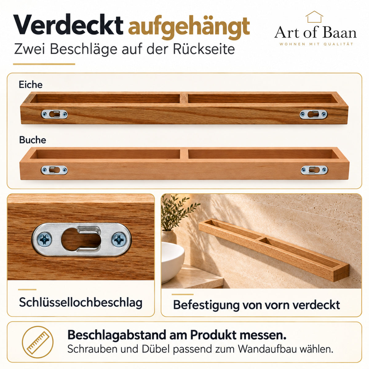 Rückseiten der Handtuchhalter aus Eiche und Buche mit je zwei Schlüssellochbeschlägen, Beschlagdetail und montierter Badansicht mit Hinweisen zur Befestigung und Art-of-Baan-Logo.

