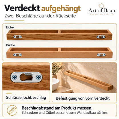 Rückseiten der Handtuchhalter aus Eiche und Buche mit je zwei Schlüssellochbeschlägen, Beschlagdetail und montierter Badansicht mit Hinweisen zur Befestigung und Art-of-Baan-Logo.
