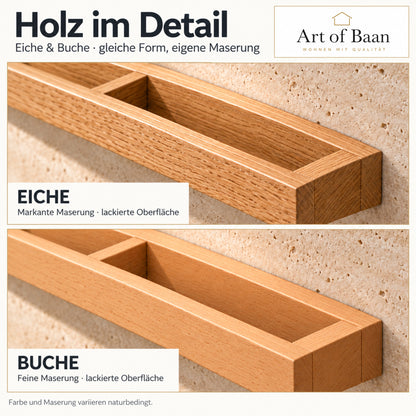 Detailvergleich der Handtuchhalter aus Eichenholz und Buchenholz mit Nahaufnahmen von Maserung, lackierter Oberfläche und Eckverbindungen sowie Art-of-Baan-Logo.
