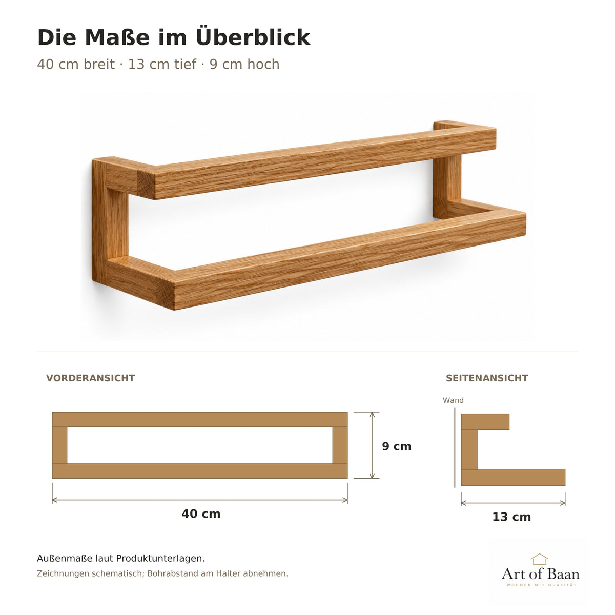 Maßgrafik des doppelten Handtuchhalters aus Eiche: 40 cm Breite, 13 cm Tiefe und 9 cm Höhe, mit Vorder- und Seitenansicht.