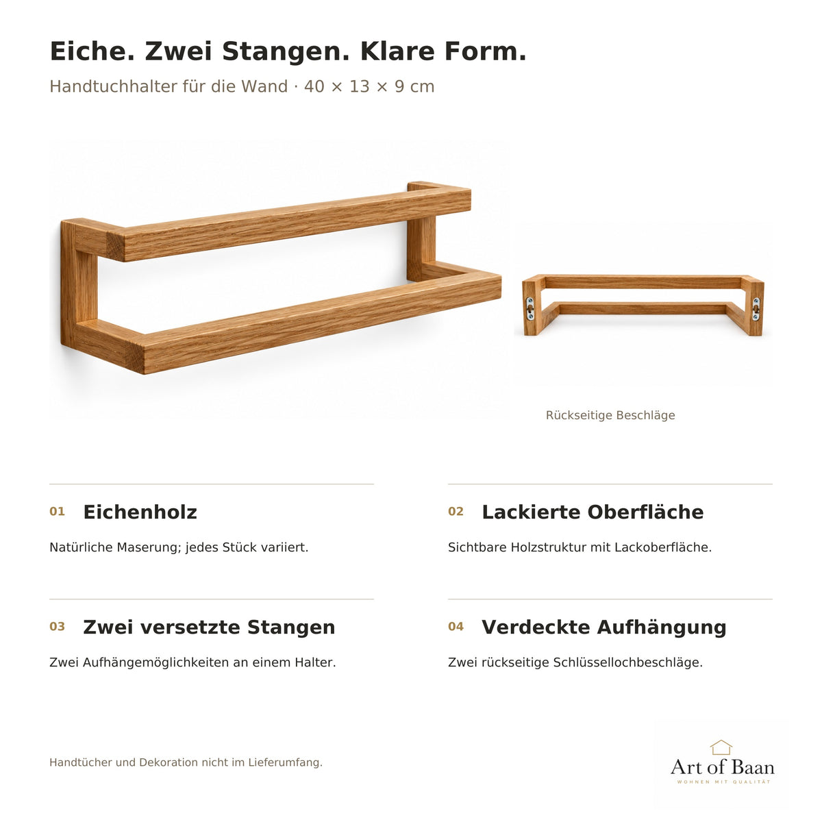 Detailübersicht zum Handtuchhalter aus Eiche mit lackierter Oberfläche, zwei versetzten Stangen und verdeckten Aufhängebeschlägen.