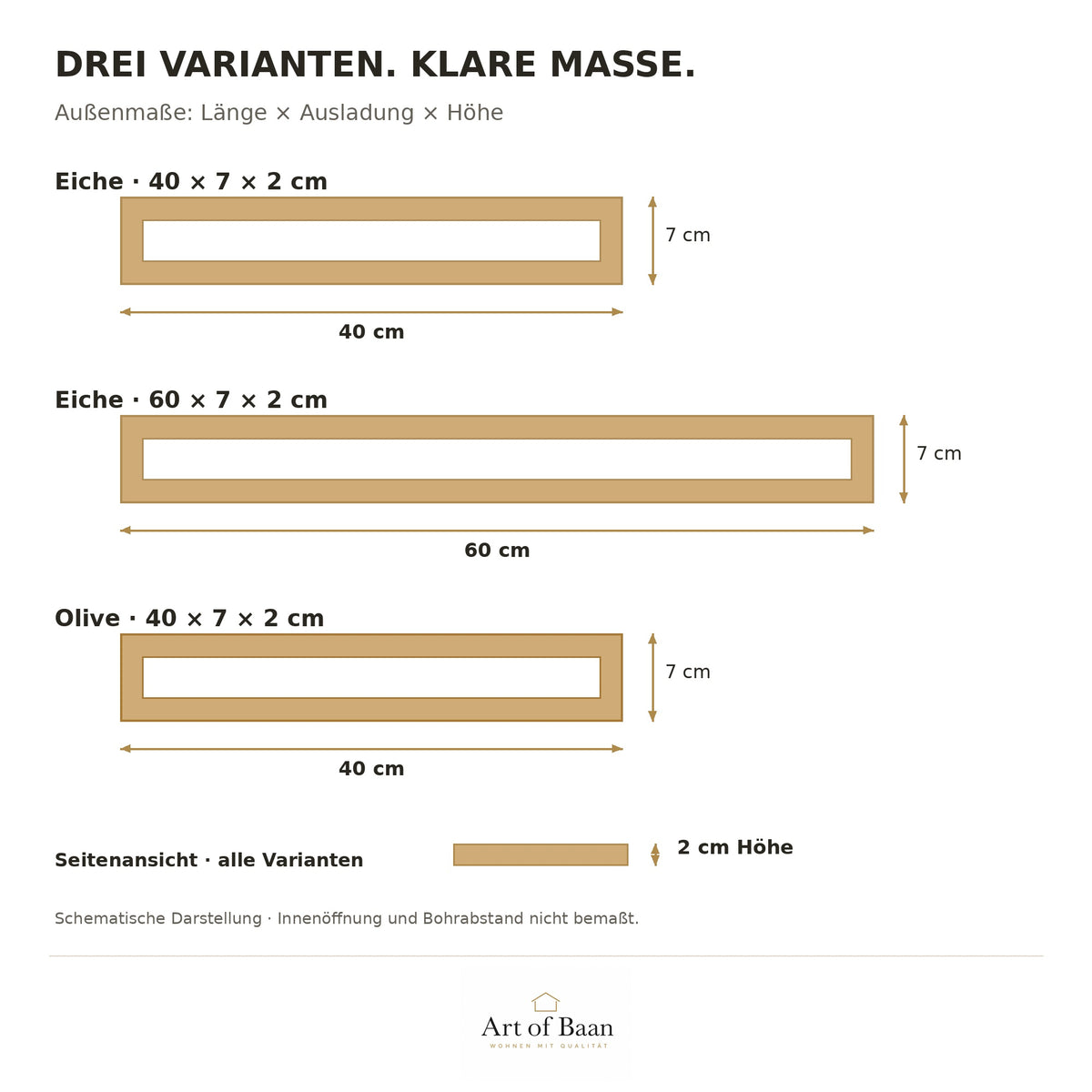 Maßvergleich: Eiche 40 × 7 × 2 cm und 60 × 7 × 2 cm sowie Olivenholz 40 × 7 × 2 cm, mit Art-of-Baan-Logo.
