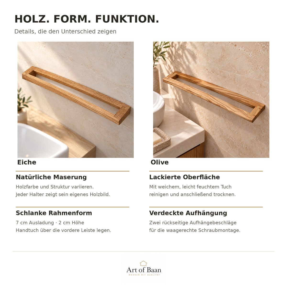 Handtuchhalter aus Eiche und Olivenholz im Detail: natürliche Maserung, lackierte Oberfläche und verdeckte Wandaufhängung.