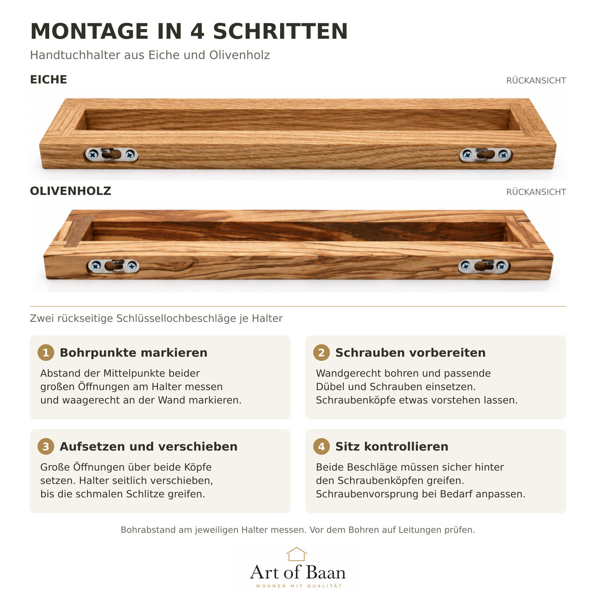 Montageanleitung für Handtuchhalter aus Eiche und Olivenholz mit Rückansichten, Schlüssellochbeschlägen und vier Montageschritten.
