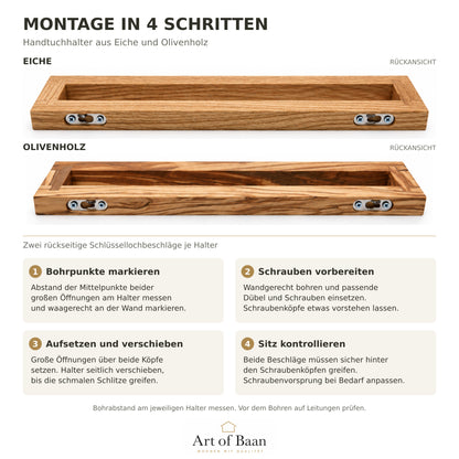 Montageanleitung für Handtuchhalter aus Eiche und Olivenholz mit Rückansichten, Schlüssellochbeschlägen und vier Montageschritten.