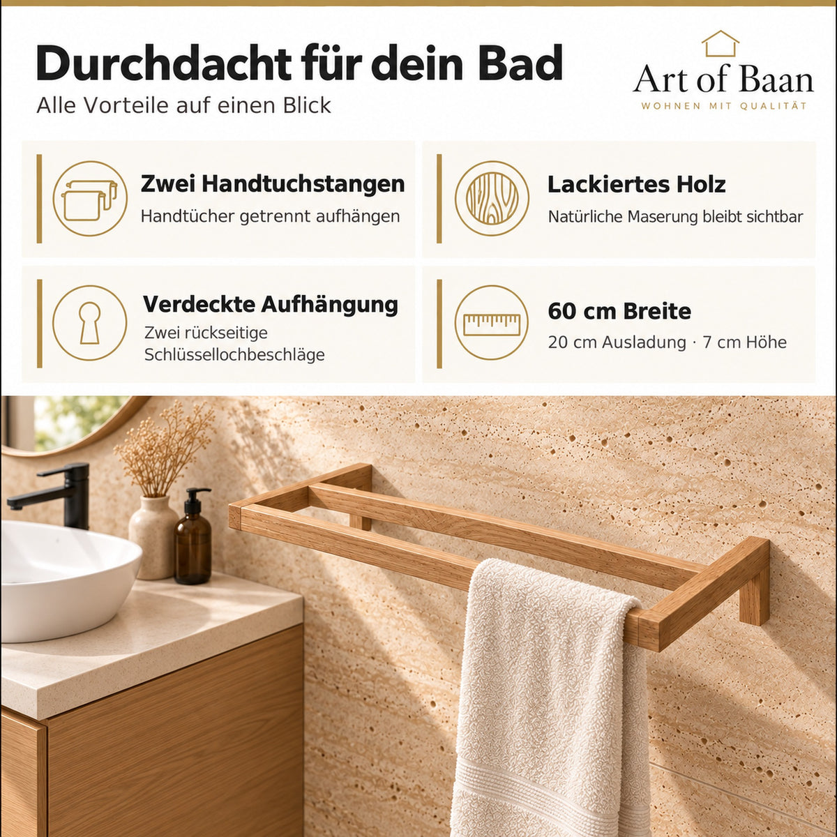 Handtuchhalter Holz 60 cm doppelt – 2 Stangen Eiche oder Kautschukholz
