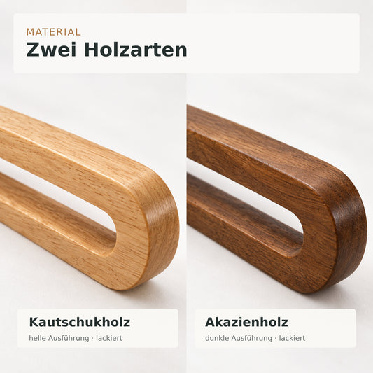 Nahansicht der lackierten Holzmaserungen: helles Kautschukholz und dunkles Akazienholz