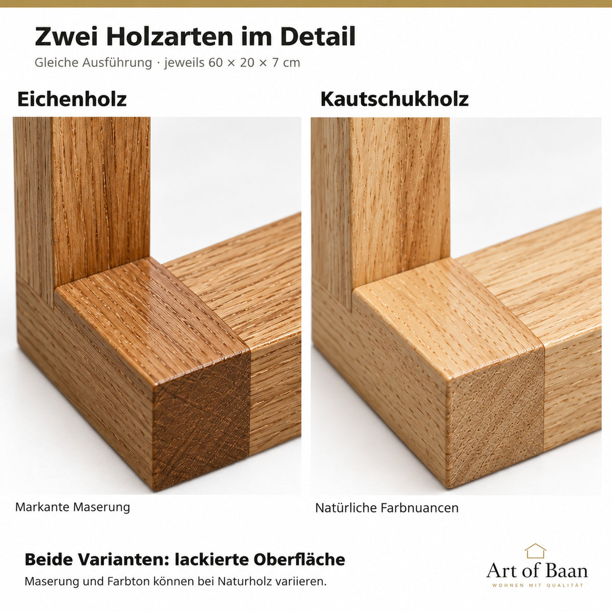 Vergleich der Handtuchhalter aus Eiche und Kautschukholz, beide lackiert und 60 × 20 × 7 cm groß.
