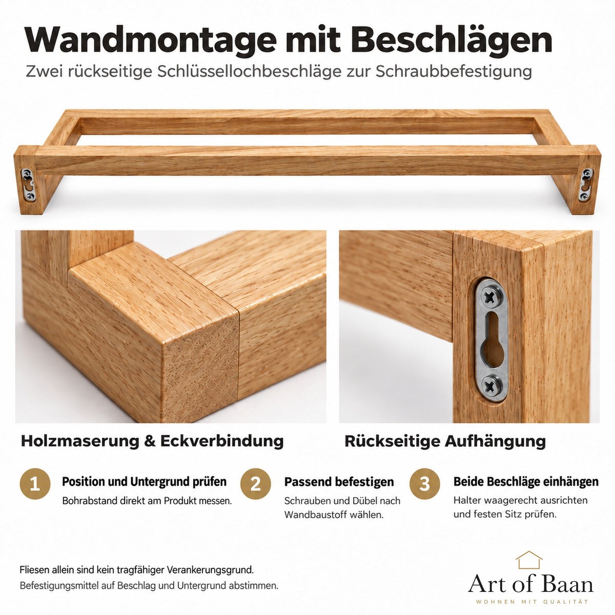 Montageübersicht mit Rückansicht und zwei Schlüssellochbeschlägen: Untergrund prüfen, passende Befestigung wählen und Halter einhängen.
