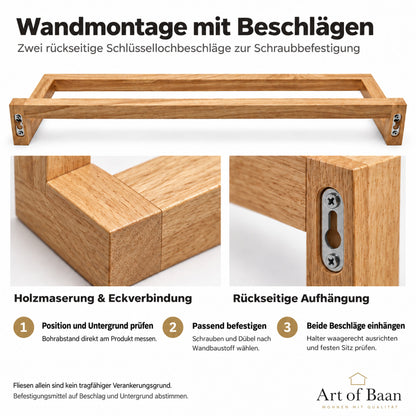 Montageübersicht mit Rückansicht und zwei Schlüssellochbeschlägen: Untergrund prüfen, passende Befestigung wählen und Halter einhängen.
