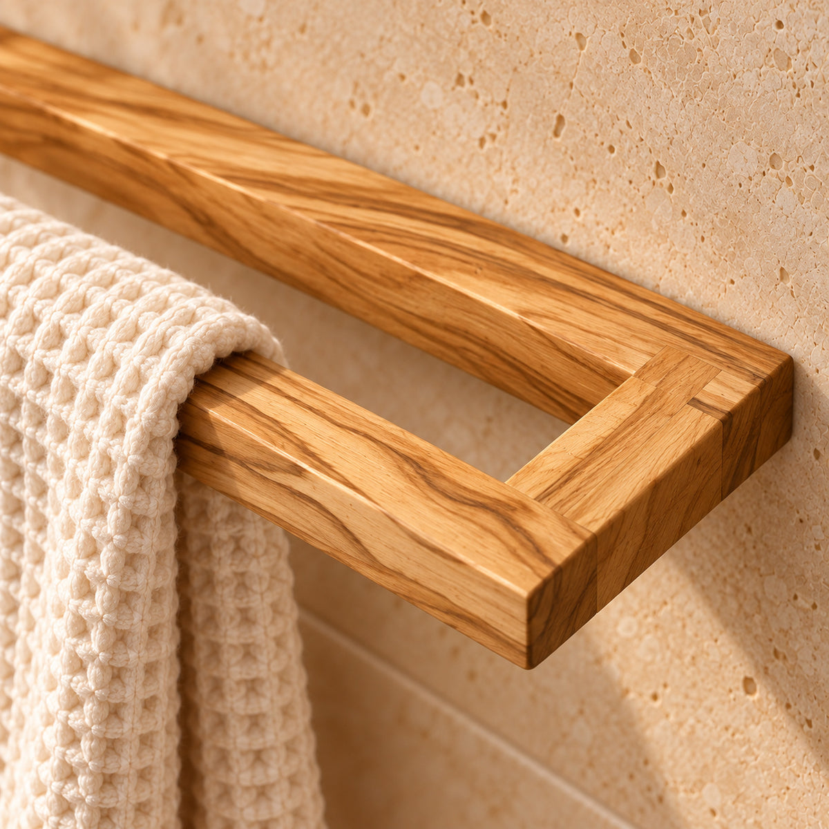 Nahaufnahme der Holzmaserung und bündigen Eckverbindung am Olivenholz-Handtuchhalter mit cremefarbenem Handtuch.
