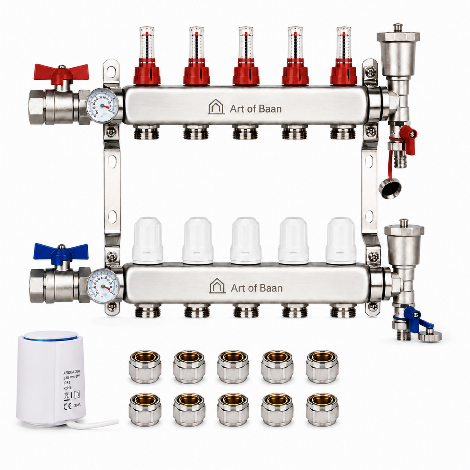 Heizkreisverteiler 5-fach Komplettset für Fußbodenheizung mit Kugelhahn, Entlüfter mit Ablassfunktion, Stellantrieben und Klemmringverschraubungen.