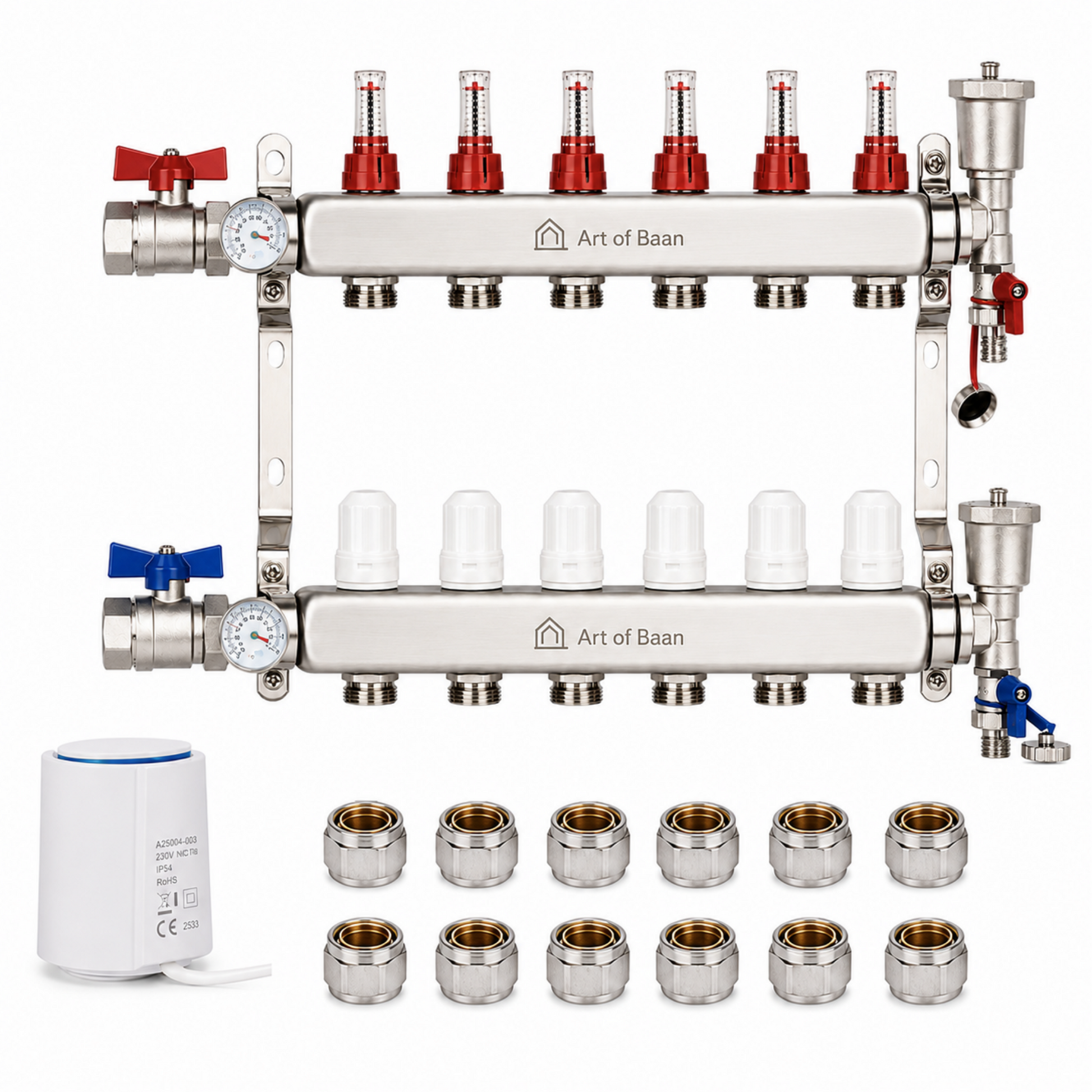 Heizkreisverteiler 6-fach Komplettset für Fußbodenheizung mit Kugelhahn, Entlüfter mit Ablassfunktion, Stellantrieben und Klemmringverschraubungen.