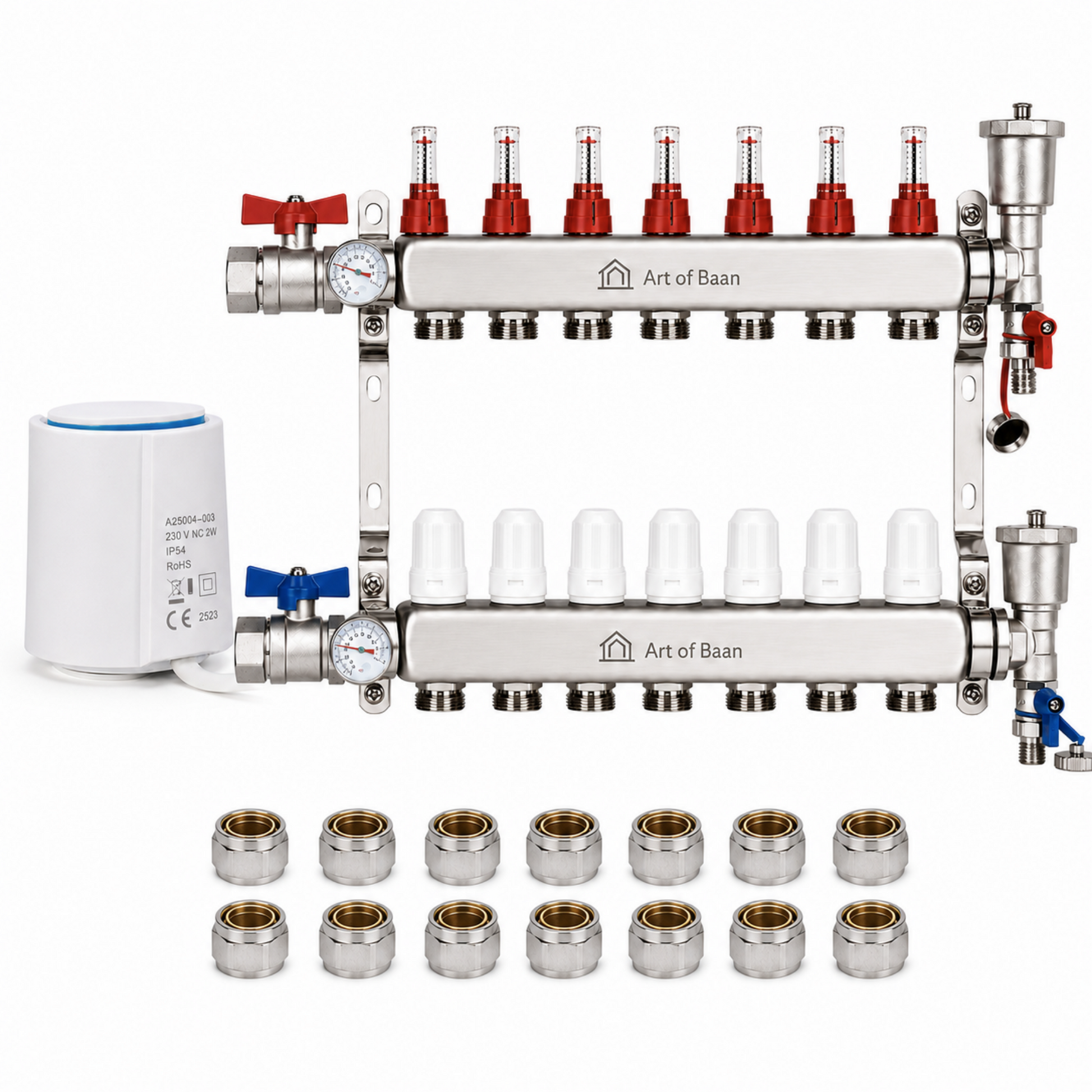 Heizkreisverteiler 7-fach Komplettset für Fußbodenheizung mit Kugelhahn, Entlüfter mit Ablassfunktion, Stellantrieben und Klemmringverschraubungen.