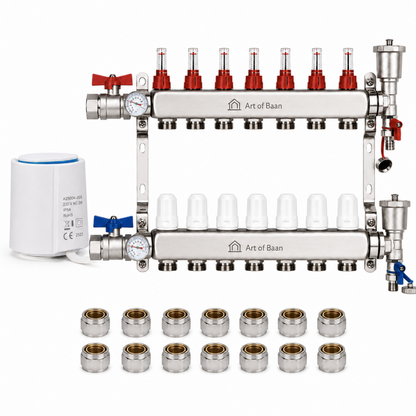 Heizkreisverteiler 7-fach Komplettset für Fußbodenheizung mit Kugelhahn, Entlüfter mit Ablassfunktion, Stellantrieben und Klemmringverschraubungen.