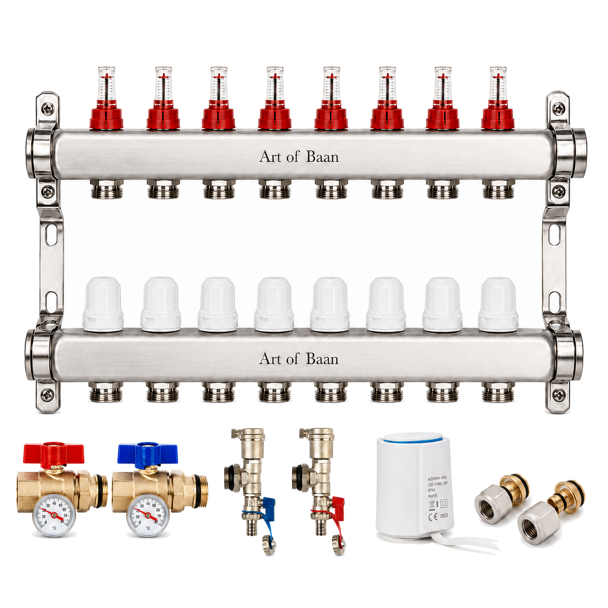 8-fach Edelstahl-Heizkreisverteiler für Fußbodenheizung mit Thermometer-Kugelhähnen, Entlüftungsventilen, Stellantrieb und Klemmringverschraubungen.