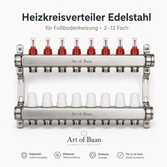 Heizkreisverteiler Edelstahl 2 bis 12-fach Verteiler für Fußbodenheizung mit 3/4 Zoll Eurokonus, 1 Zoll Anschluss und Durchflussmessern