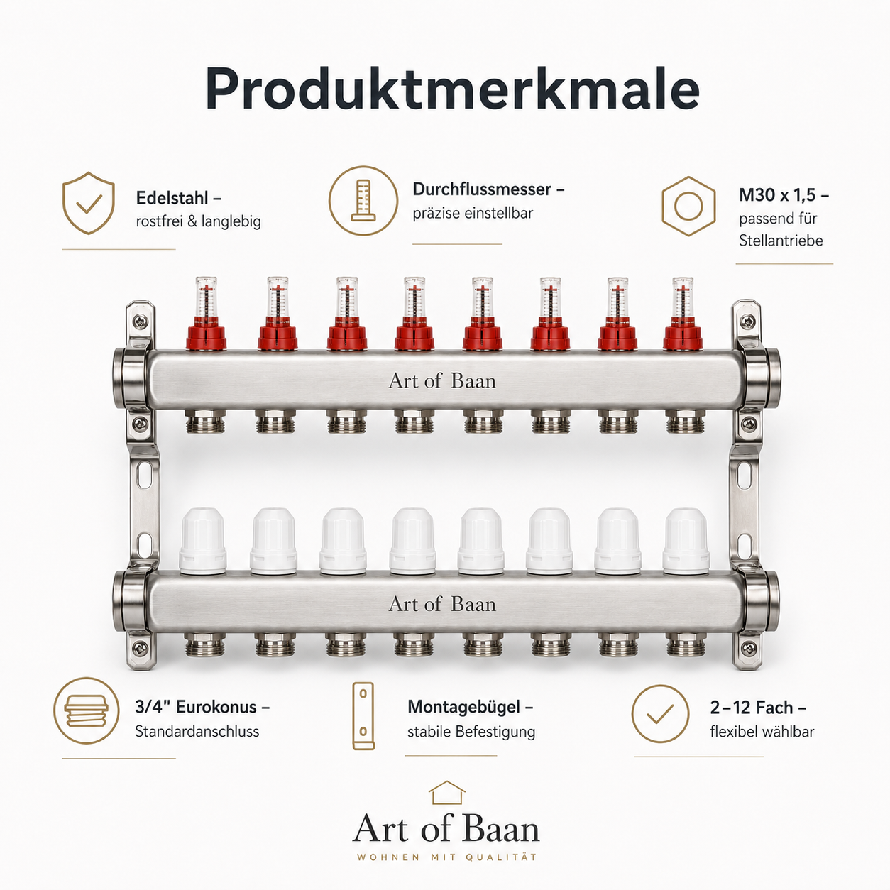 Produktmerkmale Edelstahl-Heizkreisverteiler für Fußbodenheizung mit Durchflussmessern, M30 x 1,5 Ventilanschluss und Edelstahlkörper