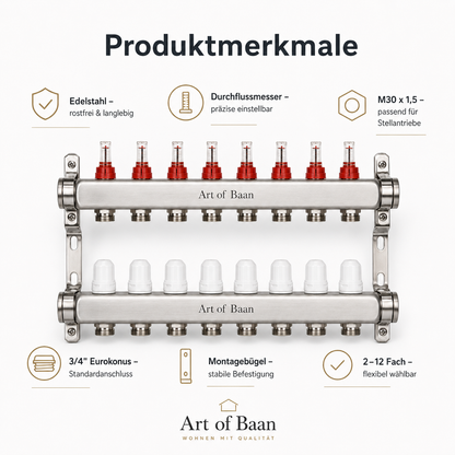 Produktmerkmale Edelstahl-Heizkreisverteiler für Fußbodenheizung mit Durchflussmessern, M30 x 1,5 Ventilanschluss und Edelstahlkörper