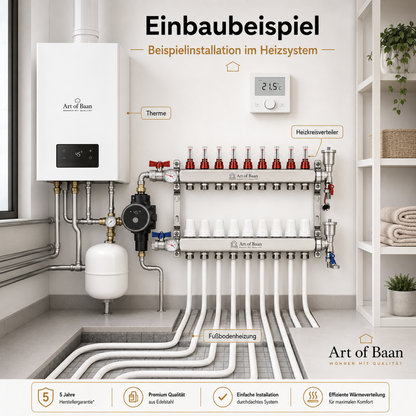 Einbaubeispiel Heizkreisverteiler im Heizsystem mit Therme, Stellantrieben und angeschlossenen Rohren der Fußbodenheizung.