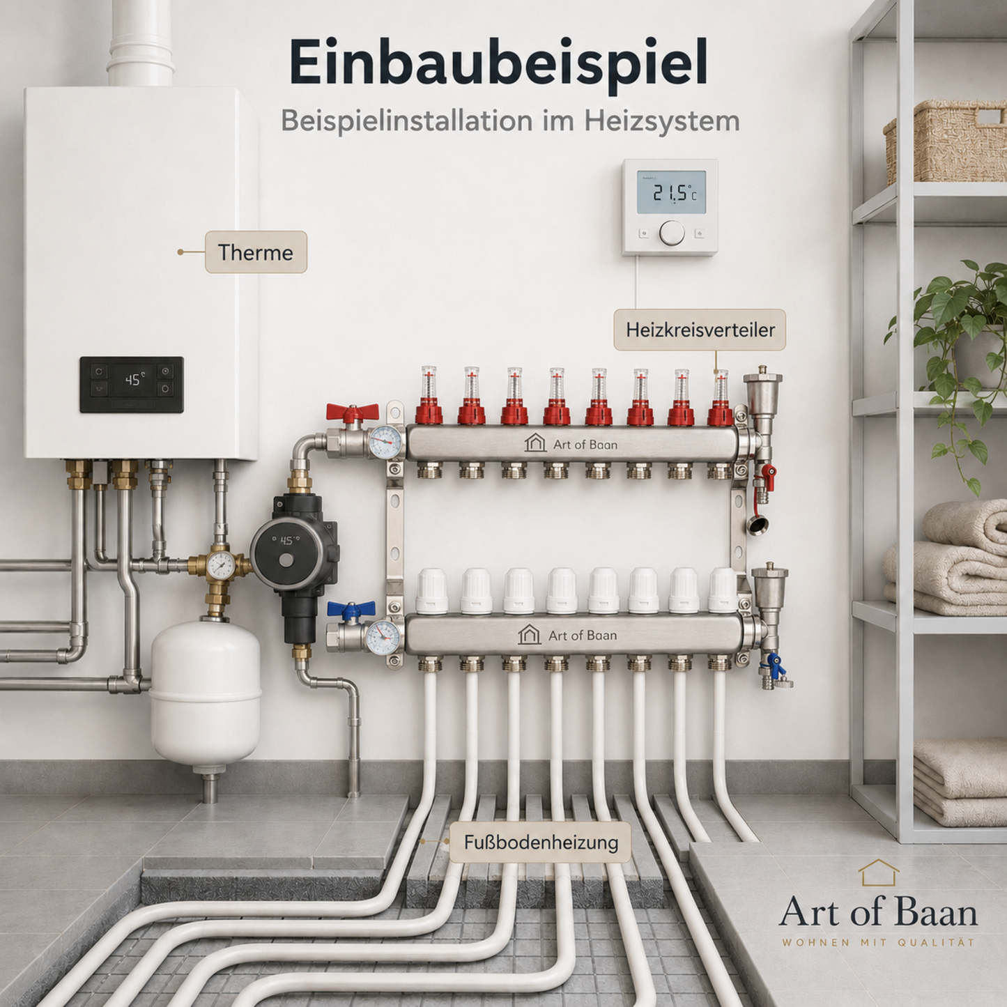 Einbaubeispiel eines Art of Baan Heizkreisverteilers für Fußbodenheizung mit Therme, Kugelhahn, Entlüftungsventil und angeschlossenen Heizkreisen