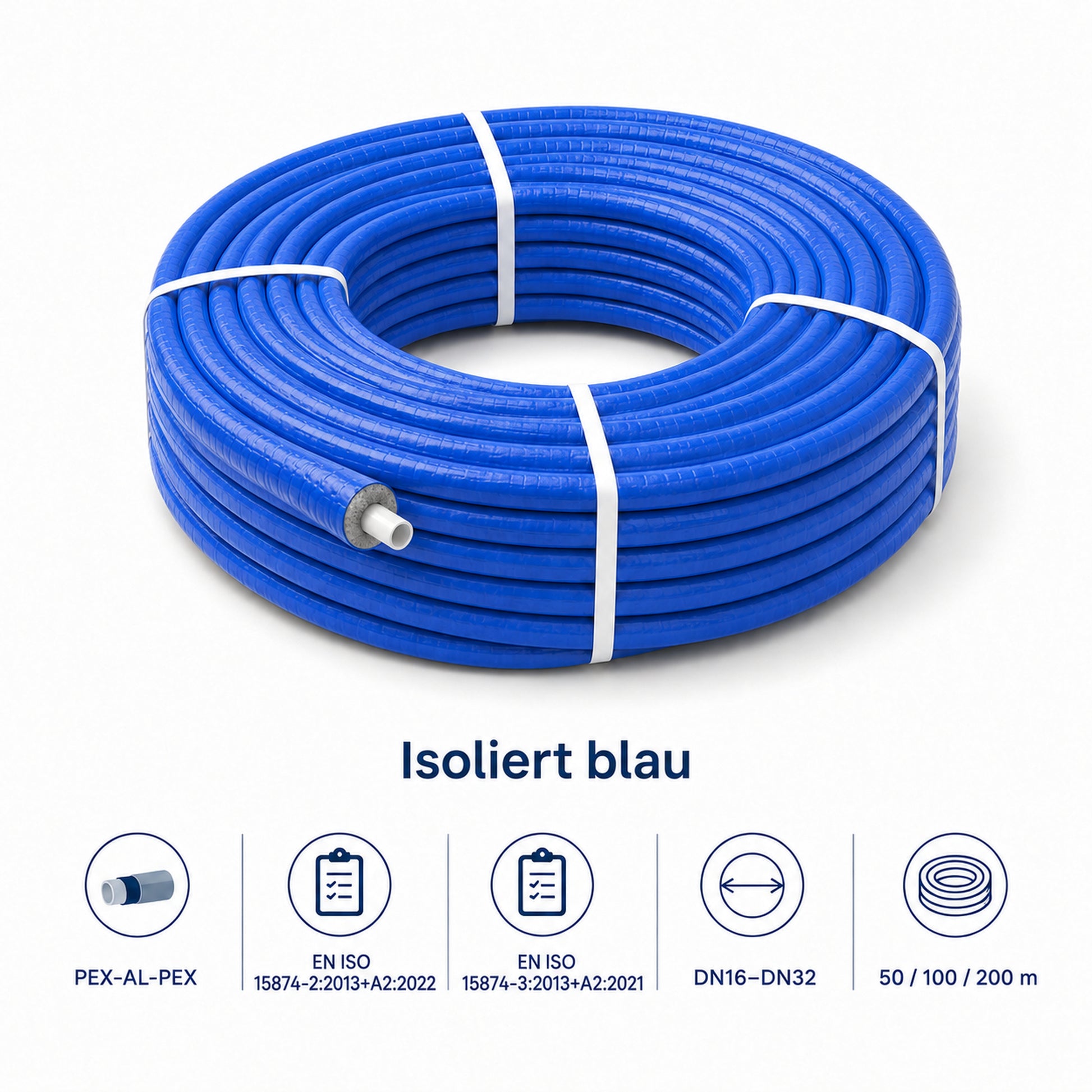 Blau isoliertes PEX-AL-PEX Mehrschichtverbundrohr als Rohrrolle mit Angaben zu EN ISO 15874-2, EN ISO 15874-3, DN16 bis DN32 sowie 50, 100 und 200 m