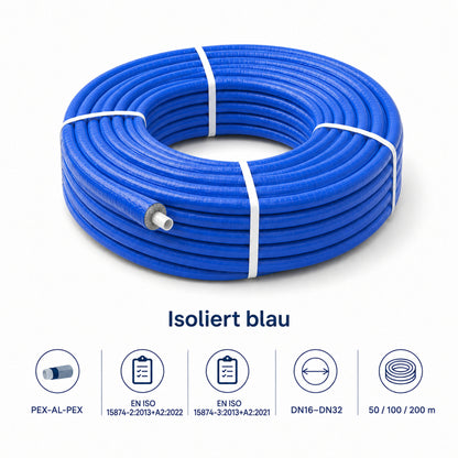 Blau isoliertes PEX-AL-PEX Mehrschichtverbundrohr als Rohrrolle mit Angaben zu EN ISO 15874-2, EN ISO 15874-3, DN16 bis DN32 sowie 50, 100 und 200 m