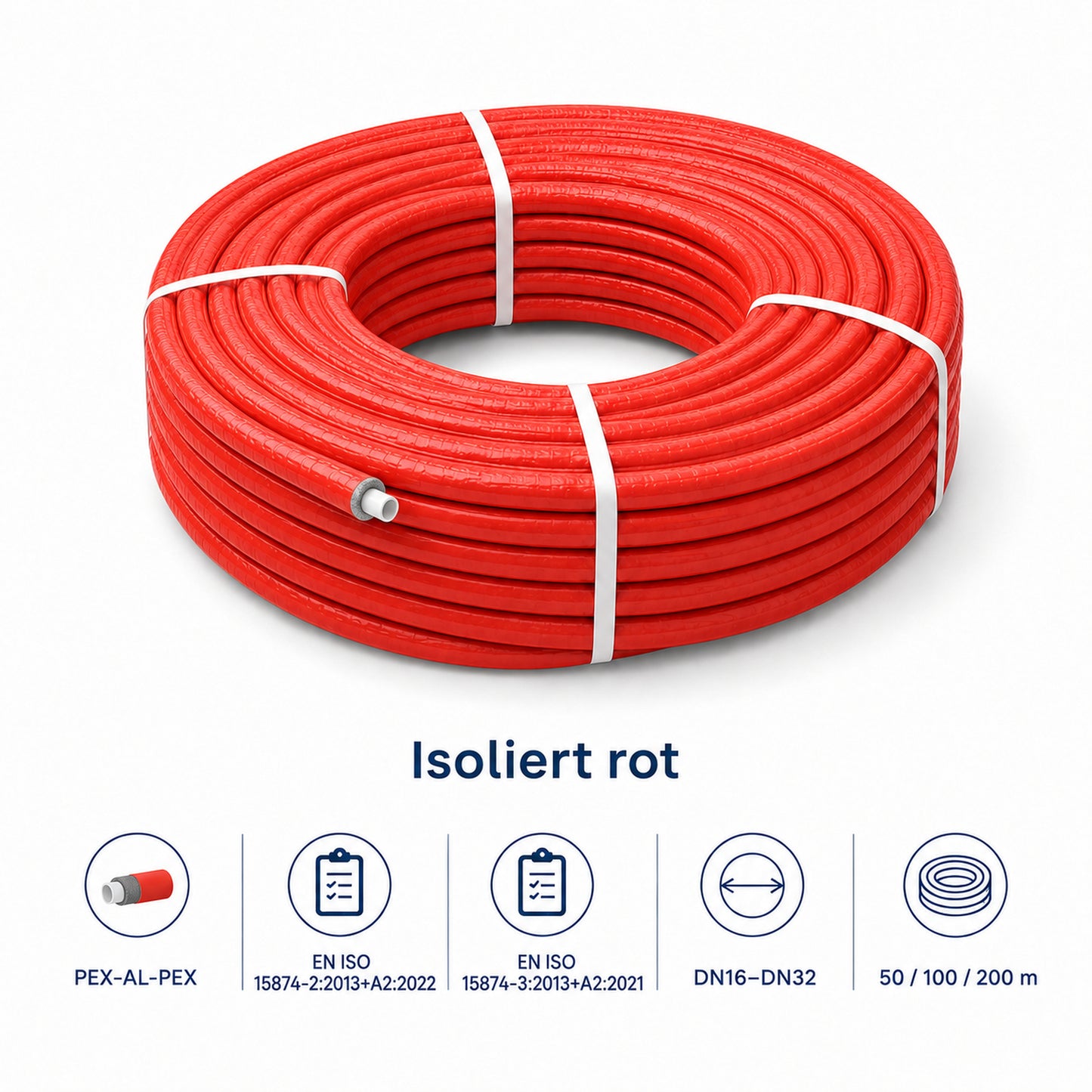 Rot isoliertes PEX-AL-PEX Mehrschichtverbundrohr als Rohrrolle mit Angaben zu EN ISO 15874-2, EN ISO 15874-3, DN16 bis DN32 sowie 50, 100 und 200 m