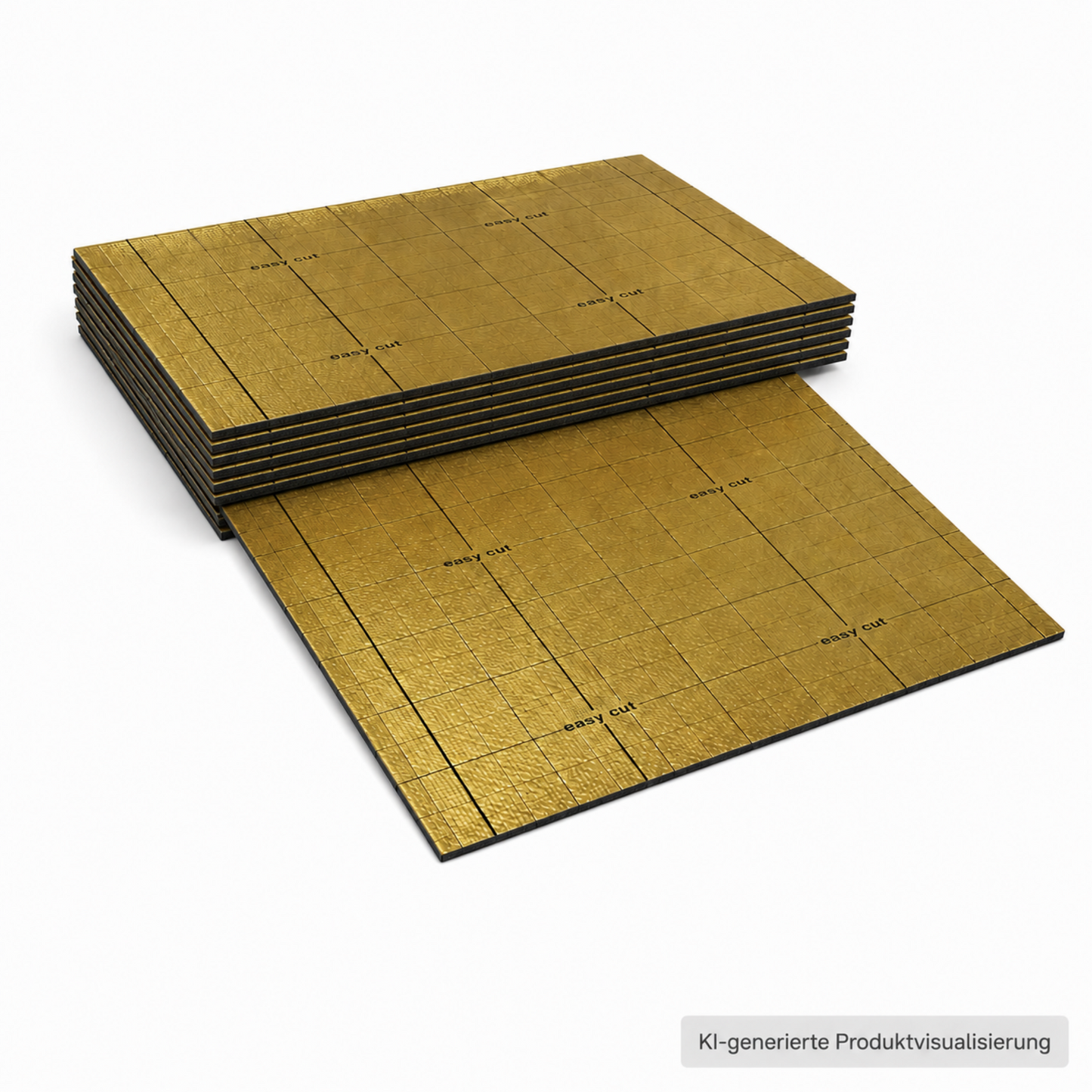 Gefaltete goldene IXPE-Trittschalldämmung mit schwarzem 2-mm-Schaum, Schneidraster und teilweise ausgeklappter Bahn.
