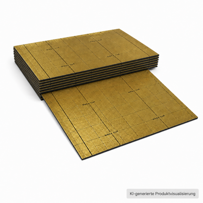 Gefaltete goldene IXPE-Trittschalldämmung mit schwarzem 2-mm-Schaum, Schneidraster und teilweise ausgeklappter Bahn.
