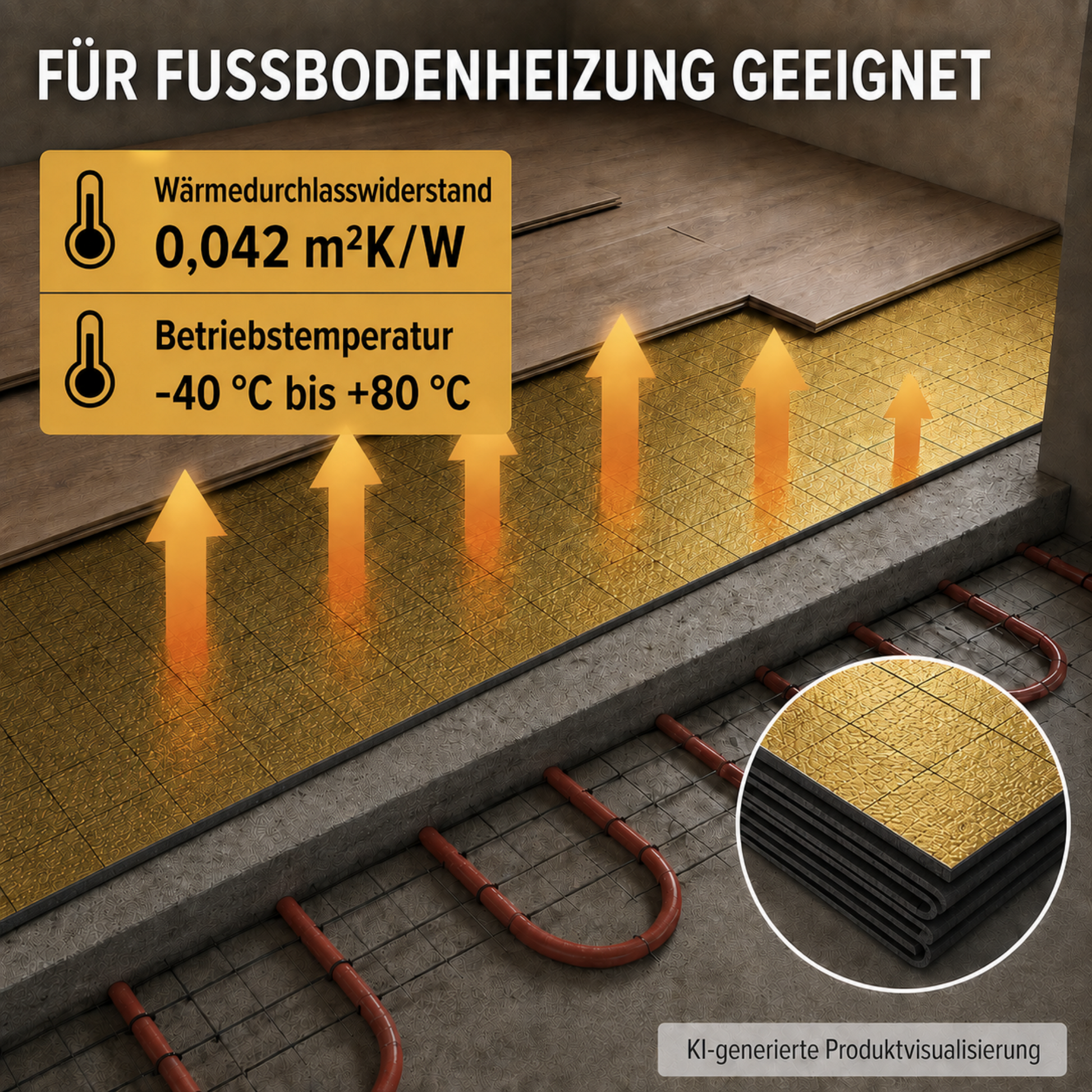 Goldene 2-mm-IXPE-Unterlage über einer Warmwasser-Fußbodenheizung mit Wärmedurchlasswiderstand 0,042 m²K/W