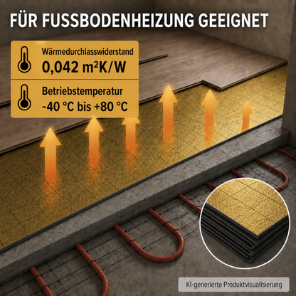 Goldene 2-mm-IXPE-Unterlage über einer Warmwasser-Fußbodenheizung mit Wärmedurchlasswiderstand 0,042 m²K/W