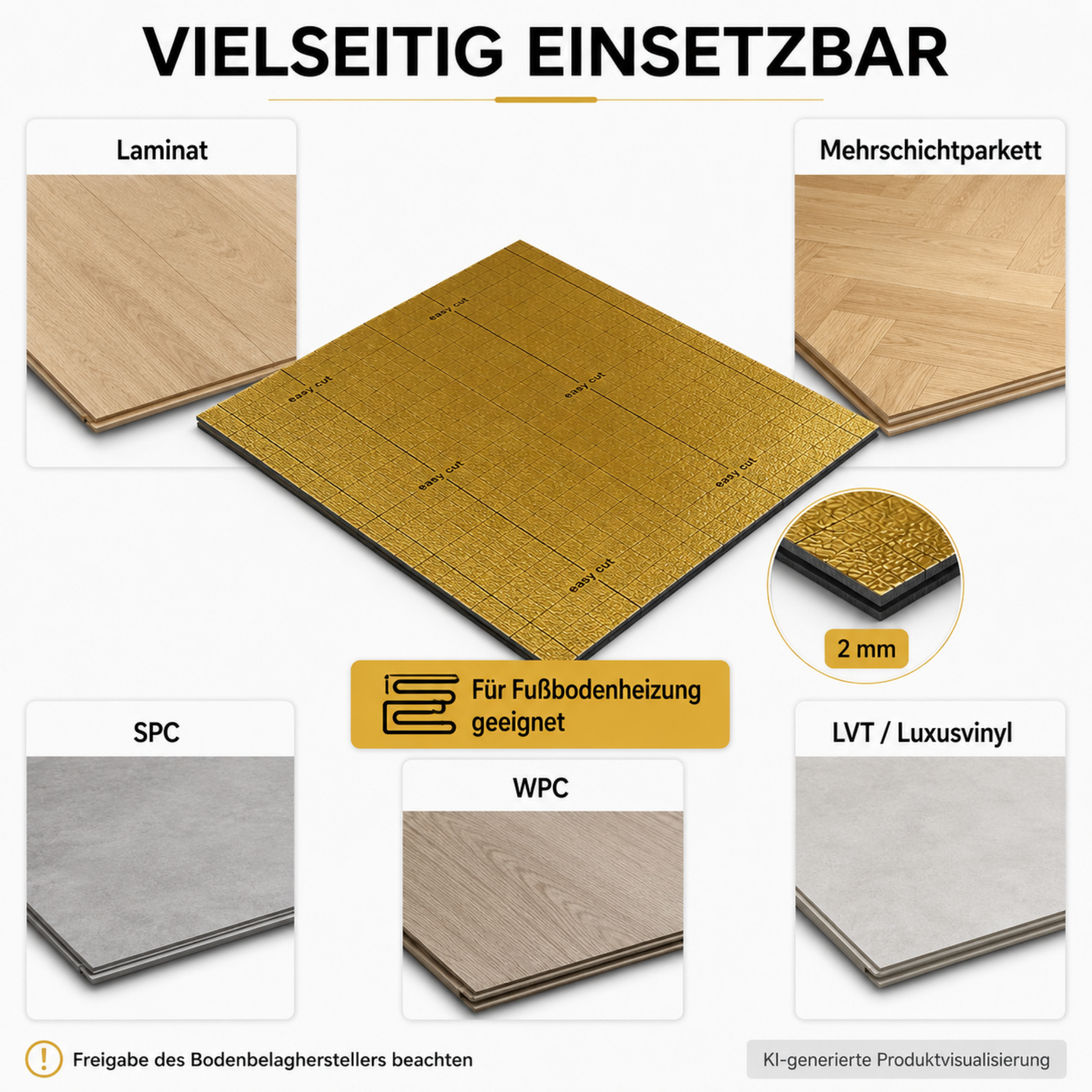 Goldene 2-mm-IXPE-Unterlage für Laminat, Mehrschichtparkett, SPC, WPC und LVT beziehungsweise Luxusvinyl sowie Fußbodenheizung.