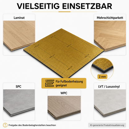 Goldene 2-mm-IXPE-Unterlage für Laminat, Mehrschichtparkett, SPC, WPC und LVT beziehungsweise Luxusvinyl sowie Fußbodenheizung.
