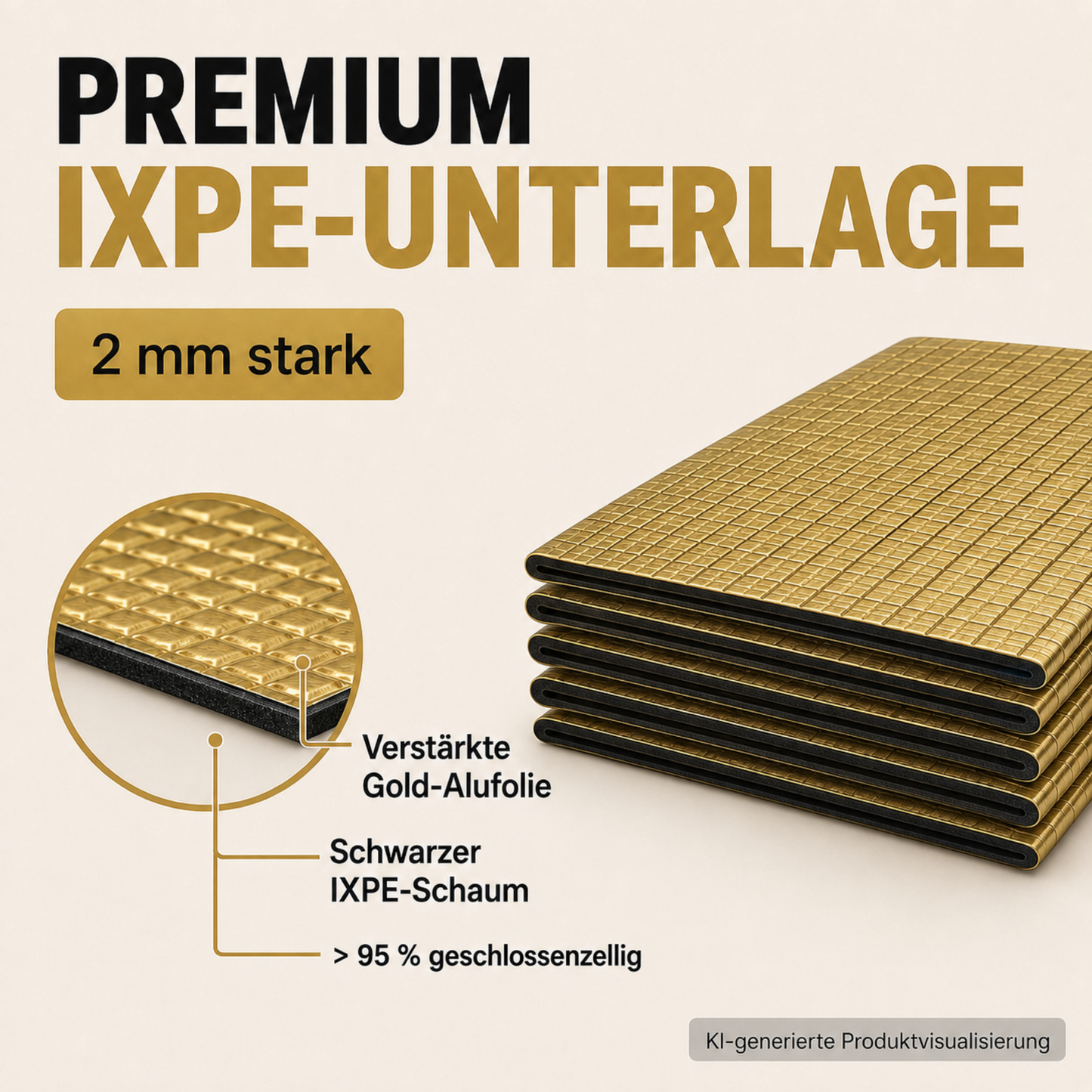 Materialaufbau der 2 mm starken IXPE-Unterlage mit verstärkter Gold-Aluminiumfolie und schwarzem geschlossenzelligem Schaum.