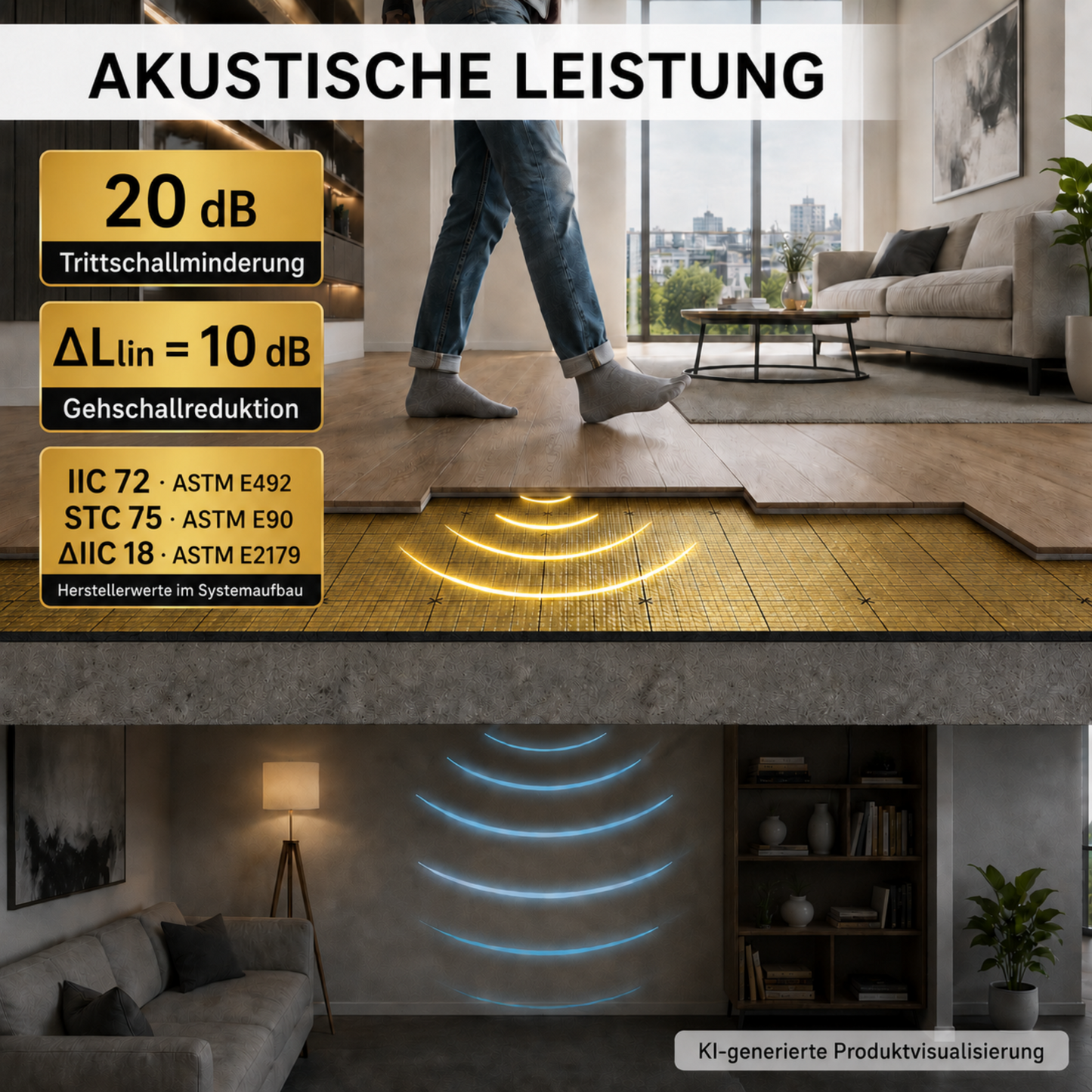 Bodenaufbau mit goldener IXPE-Unterlage sowie Angaben zu 20 dB Trittschallminderung, ΔLlin 10 dB, IIC 72, STC 75 und ΔIIC 18