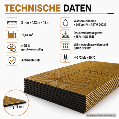 Technische Daten der faltbaren IXPE-Unterlage mit 2 mm Stärke, 13,44 m² Fläche und Wärmedurchlasswiderstand 0,042 m²K/W.