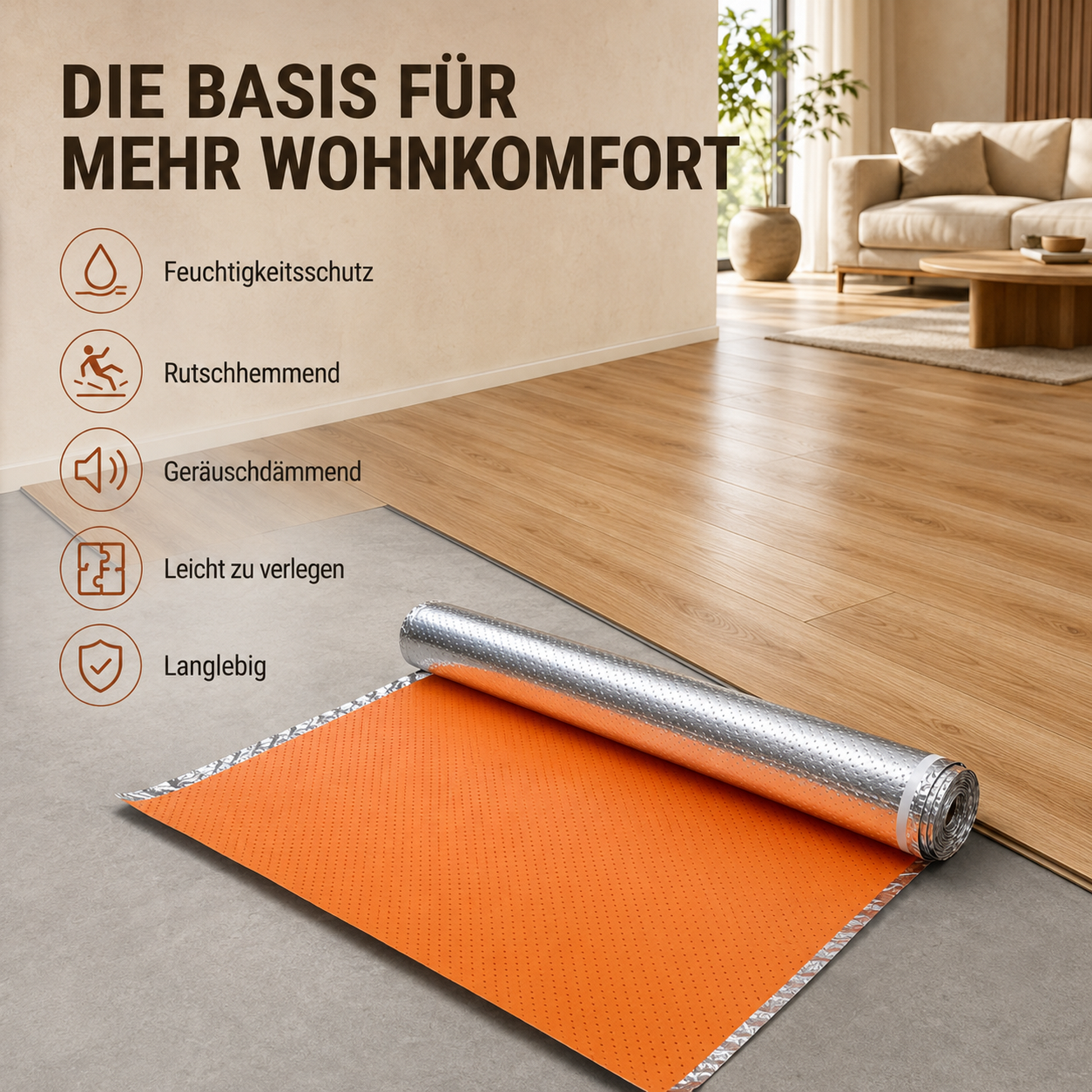 Orange IXPE-Trittschalldämmung 2 mm mit Aluminiumfolie bei der Verlegung unter Laminat für verbesserten Wohnkomfort.