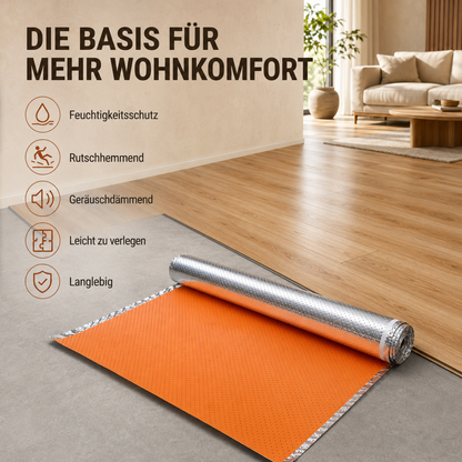 Orange IXPE-Trittschalldämmung 2 mm mit Aluminiumfolie bei der Verlegung unter Laminat für verbesserten Wohnkomfort.